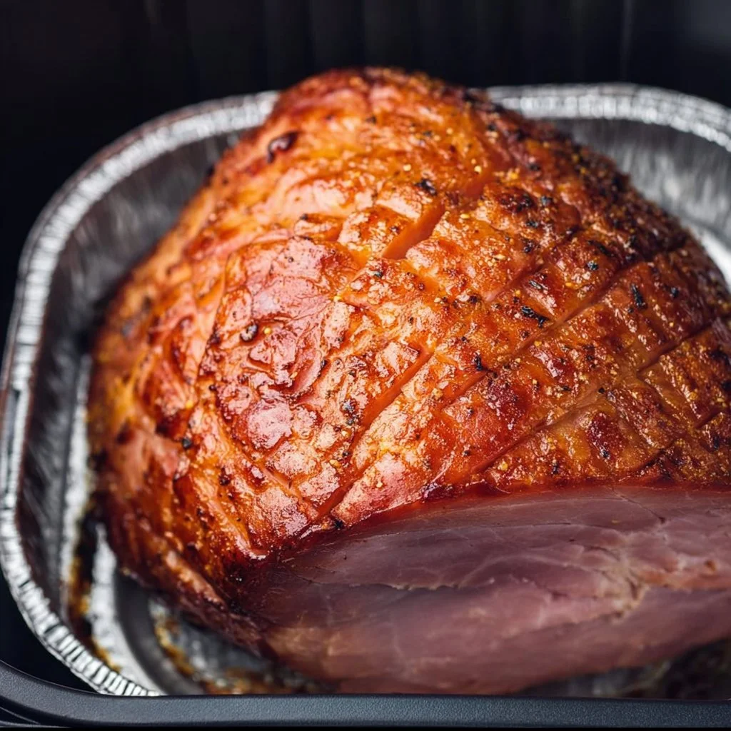 Deliciously cooked Air Fryer Ham garnished and served on a platter.