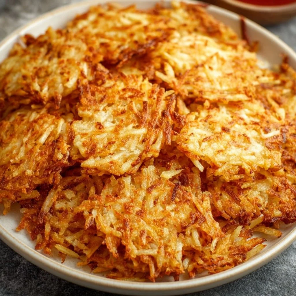 Crispy air fryer hash browns served on a plate.