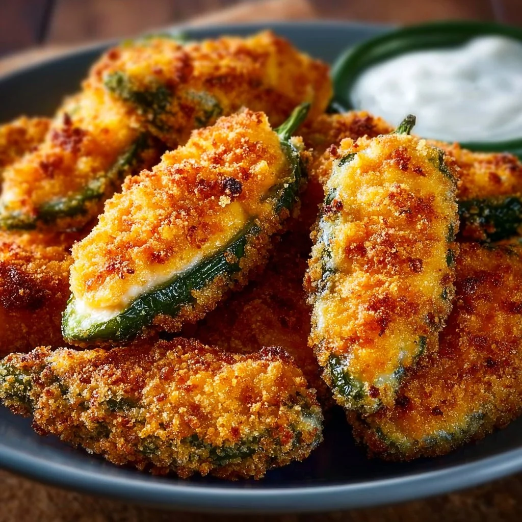 Crispy Air Fryer Jalapeno Poppers stuffed with cheese and spices.