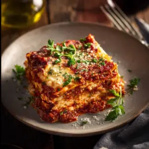 Delicious air fryer lasagna served on a plate with cheese and herbs.
