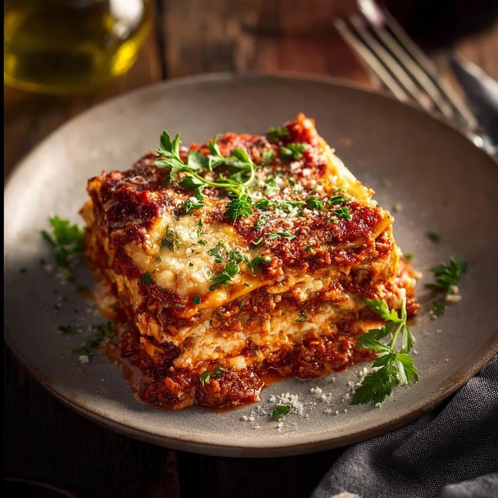 Delicious air fryer lasagna served on a plate with cheese and herbs.