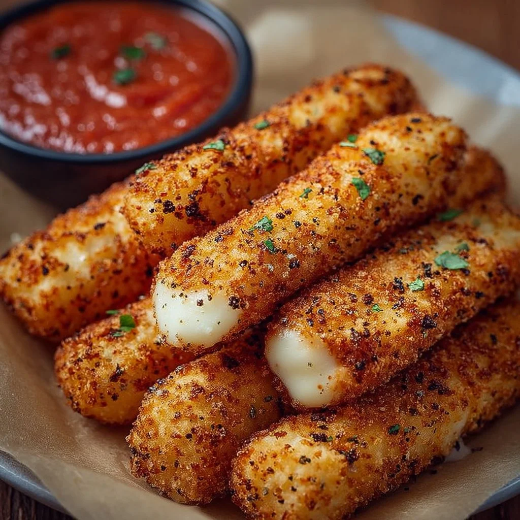 Delicious Air Fryer Mozzarella Sticks plated for serving