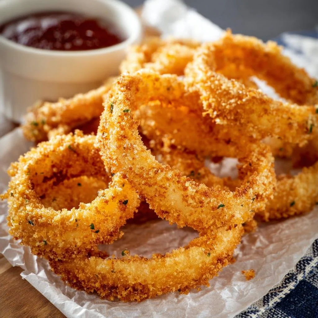 Air Fried Onion Rings served with a dipping sauce