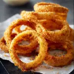 Golden and crispy air fryer onion rings served on a plate