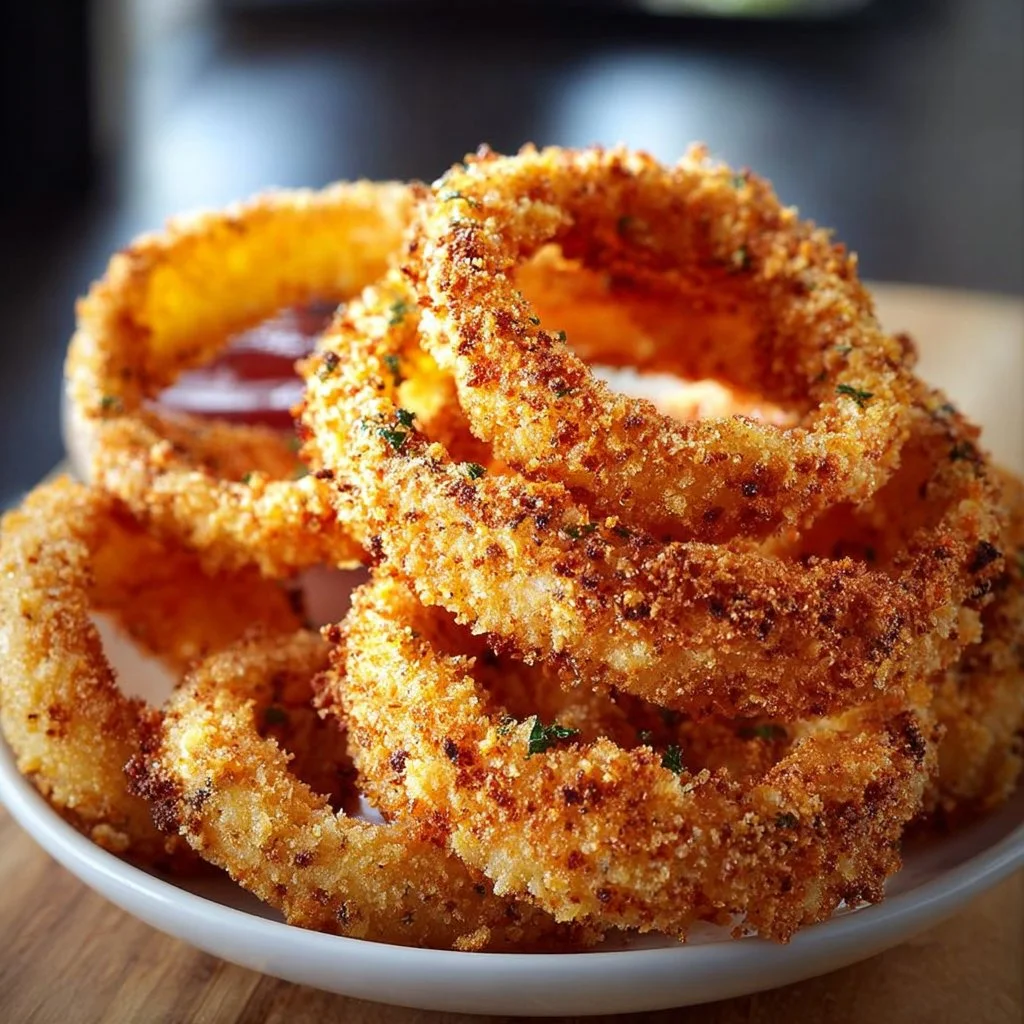 Crispy air fryer onion rings ready to enjoy as a snack or side dish.
