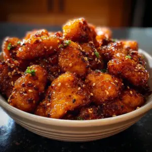 Air Fryer Orange Chicken Glazed served in a bowl with garnish