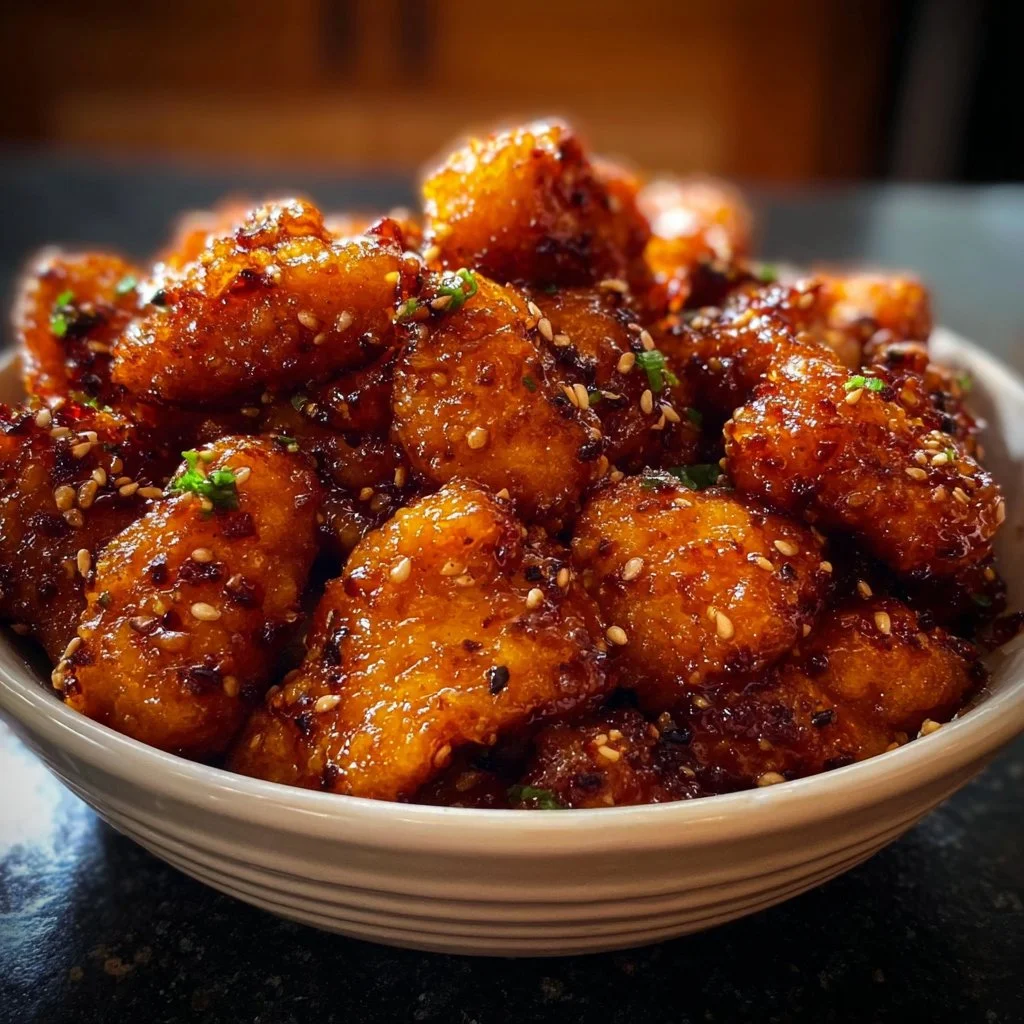 Air Fryer Orange Chicken Glazed served in a bowl with garnish