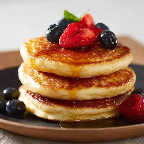 Delicious golden air fryer pancakes stacked with syrup and fruit.