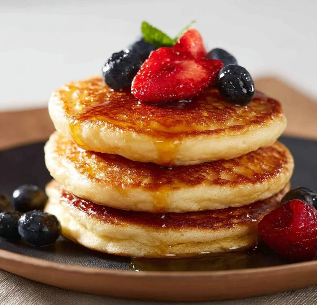 Delicious golden air fryer pancakes stacked with syrup and fruit.