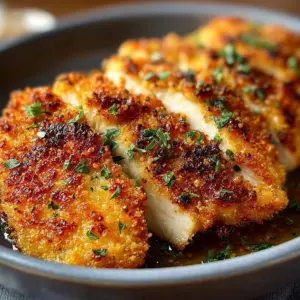 Air Fryer Parmesan Crusted Chicken served on a plate with herbs garnish