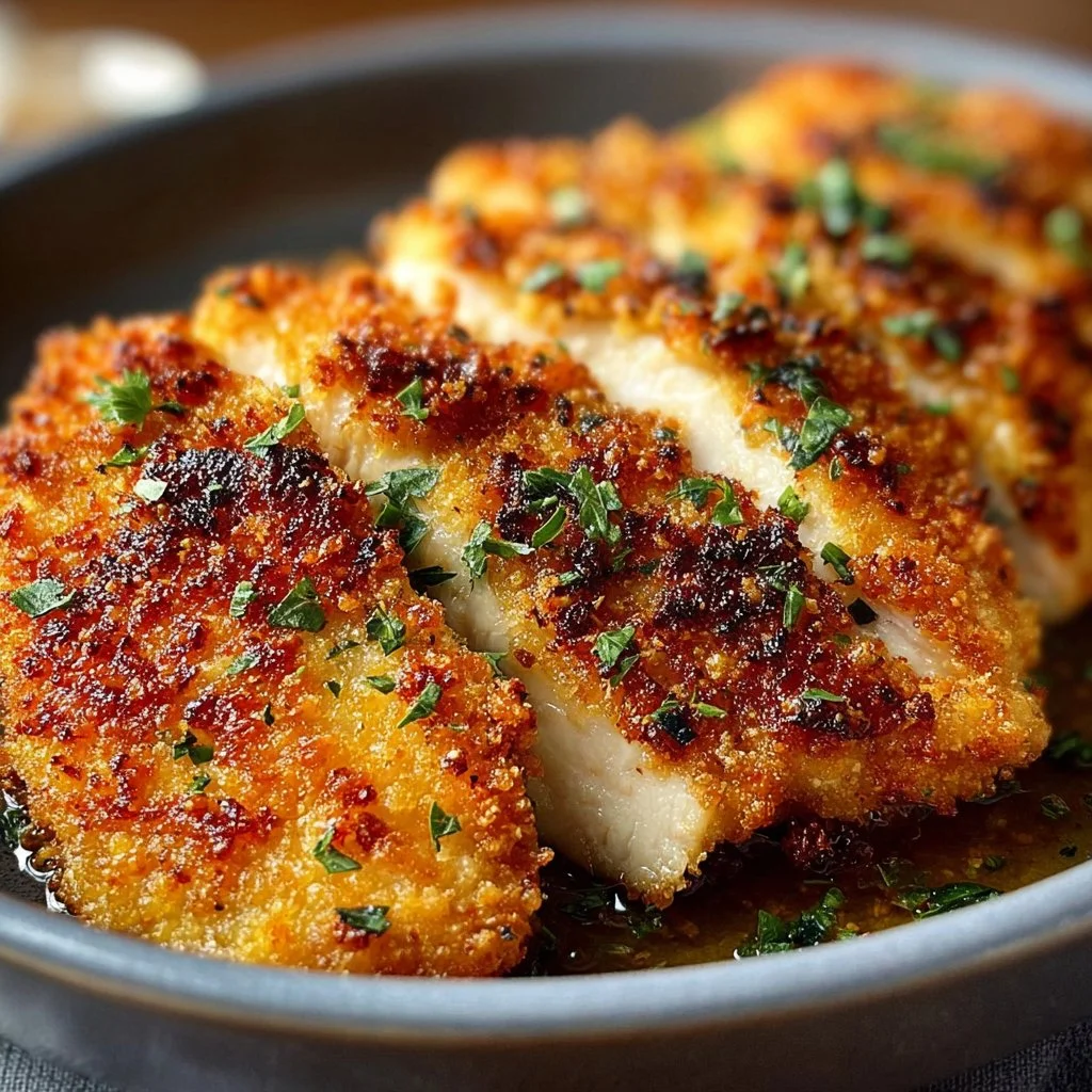 Air Fryer Parmesan Crusted Chicken served on a plate with herbs garnish