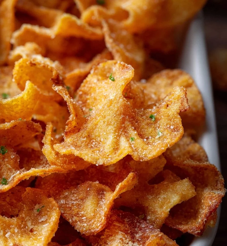 Crispy air fryer pasta chips served in a bowl