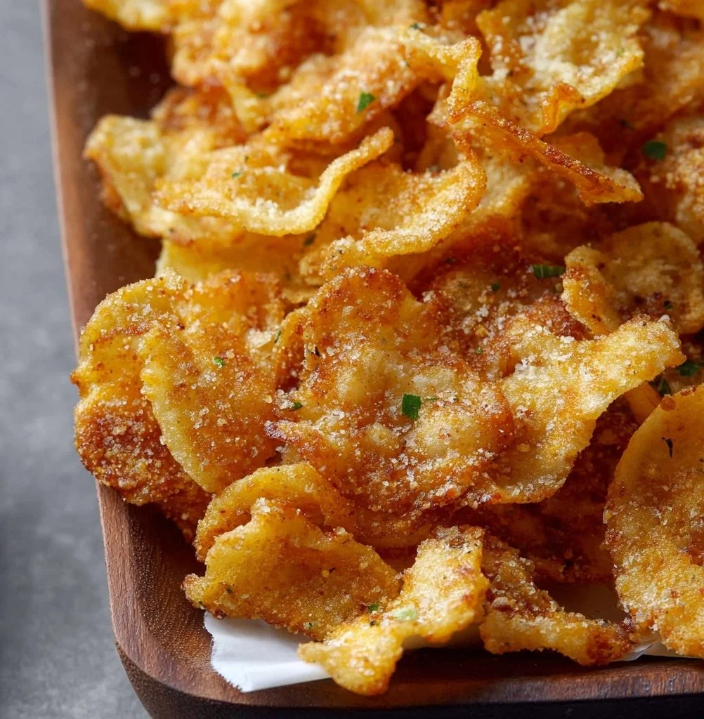 Crispy air fryer pasta chips ready to be served with dipping sauce