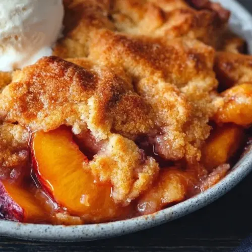 Delicious Air Fryer Peach Cobbler with golden crust and fresh peach filling