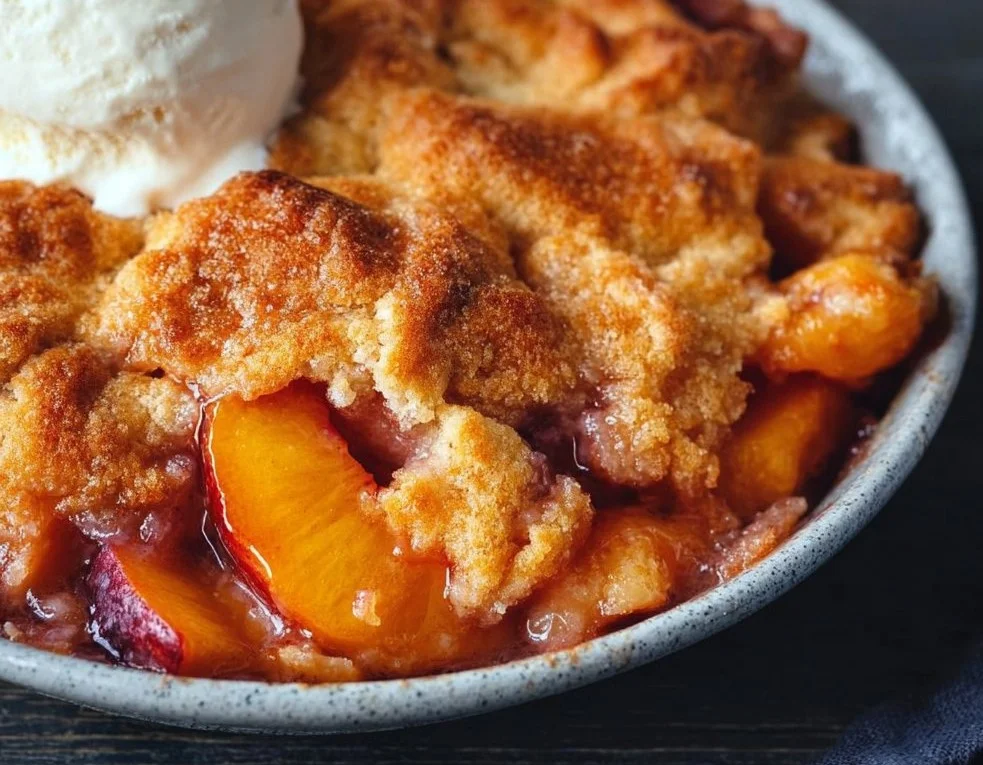 Delicious Air Fryer Peach Cobbler with golden crust and fresh peach filling