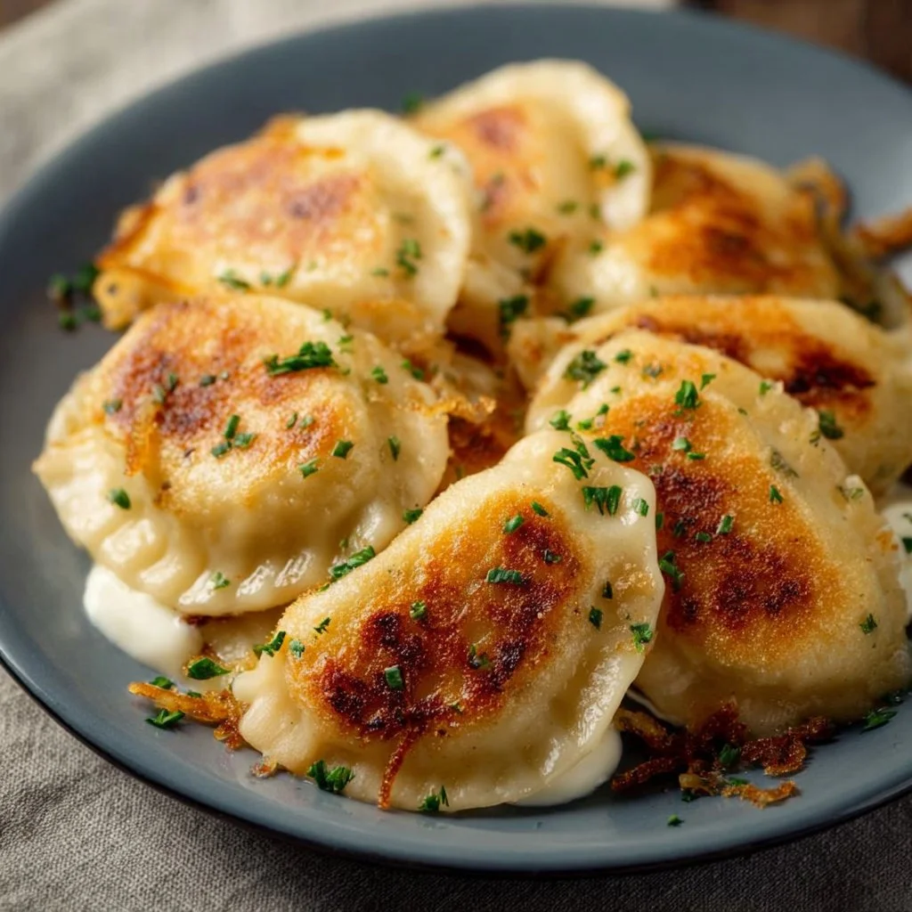 Crispy air fryer pierogies served on a plate with dipping sauce