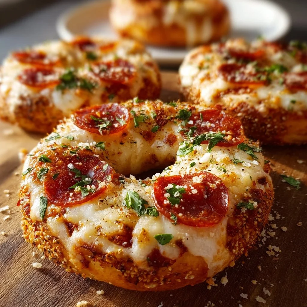 Delicious air fryer pizza bagels topped with cheese and pepperoni