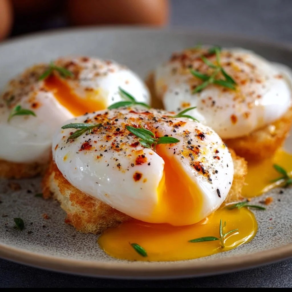 Air fryer poached eggs served on toast with herbs