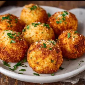 Crispy air fryer rice balls served with dipping sauce on a plate.