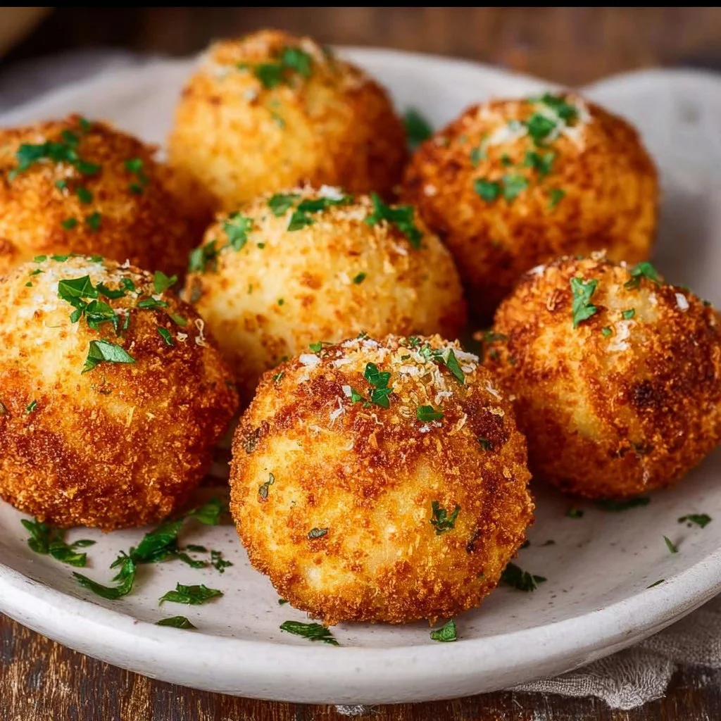 Crispy air fryer rice balls served with dipping sauce on a plate.
