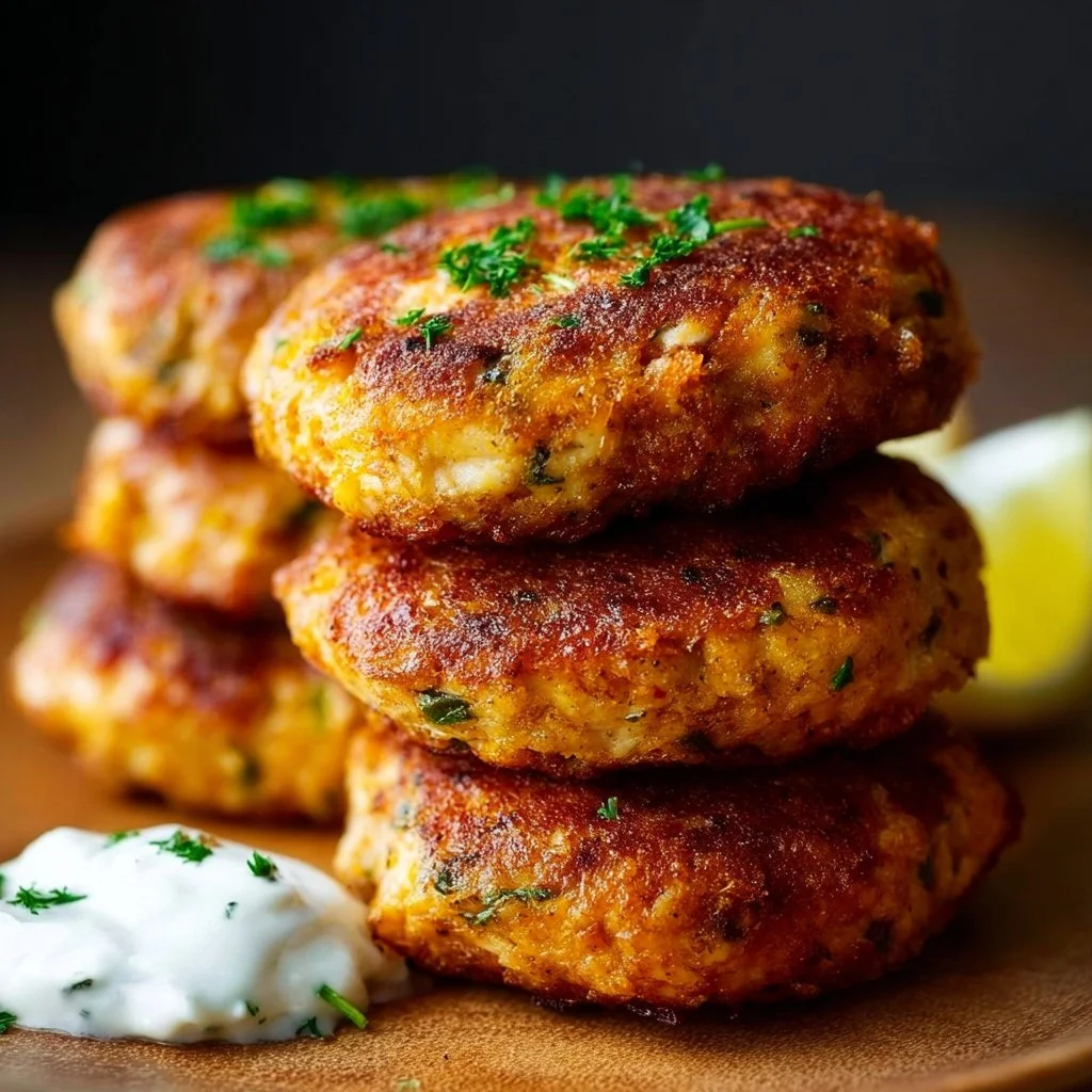 Crispy air fryer salmon patties served with a vibrant salad