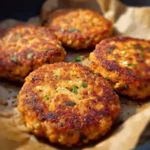 Crispy air fryer salmon patties served on a plate with lemon wedge and parsley garnish
