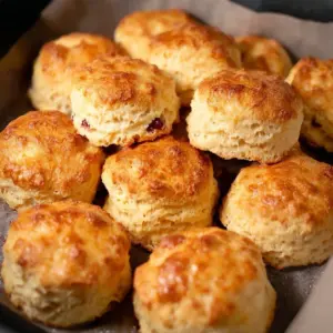 Golden brown air fryer scones on a plate, ready to be served.