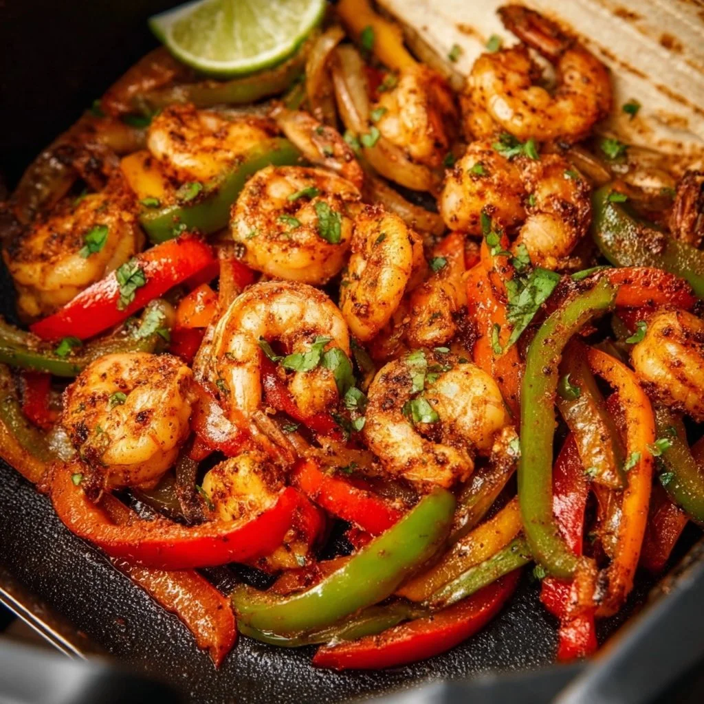 Delicious air fryer shrimp fajitas with colorful peppers and onions