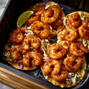 Air fryer shrimp tacos topped with fresh ingredients and served on a plate.