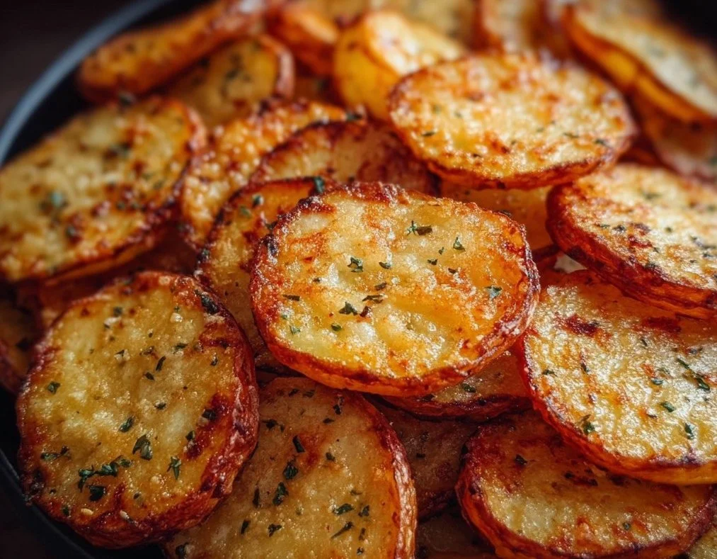 Crispy air fryer sliced potatoes served on a plate