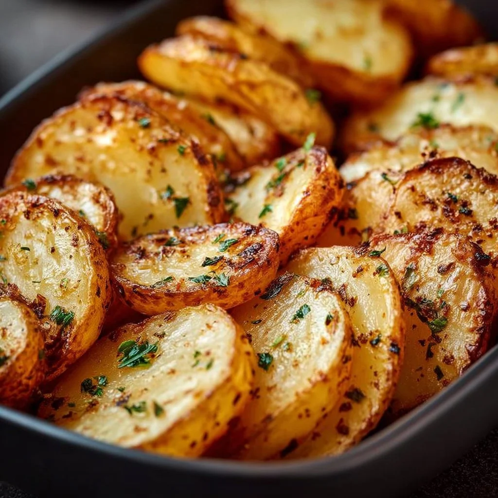 Crispy air fryer sliced potatoes ready to be served on a plate.