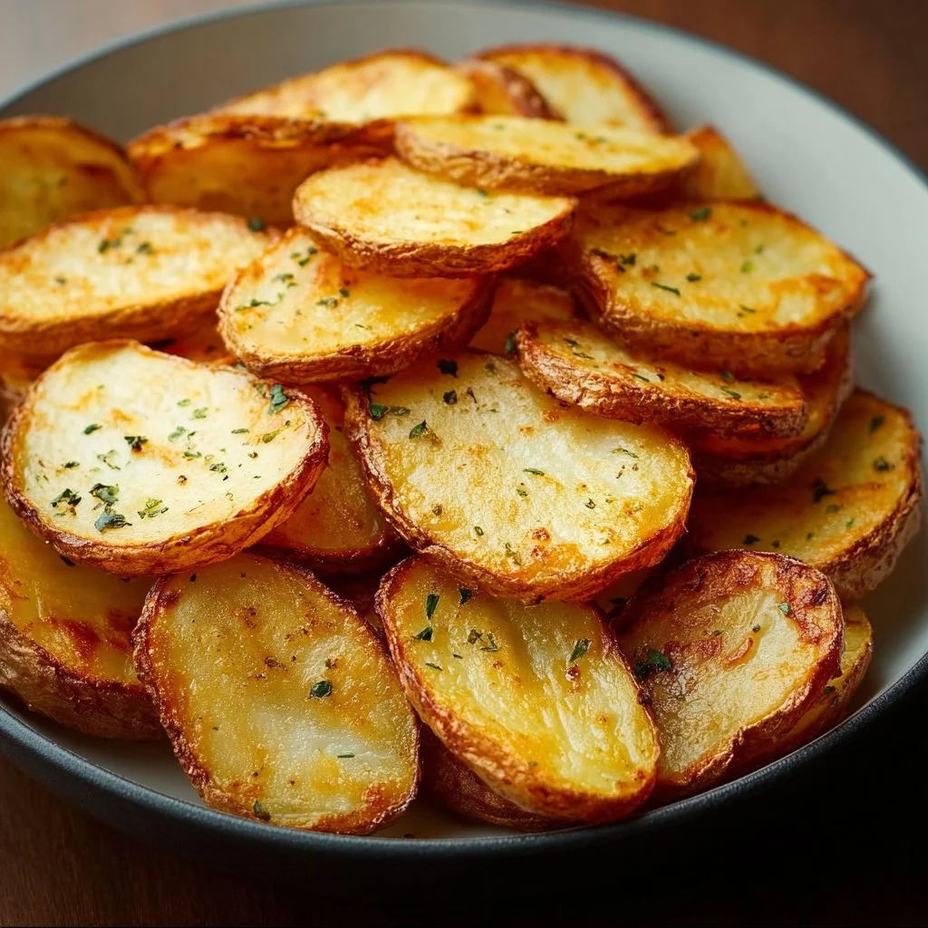 Crispy air fryer sliced potatoes ready to serve