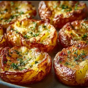 Crispy air fryer smashed potatoes garnished with herbs