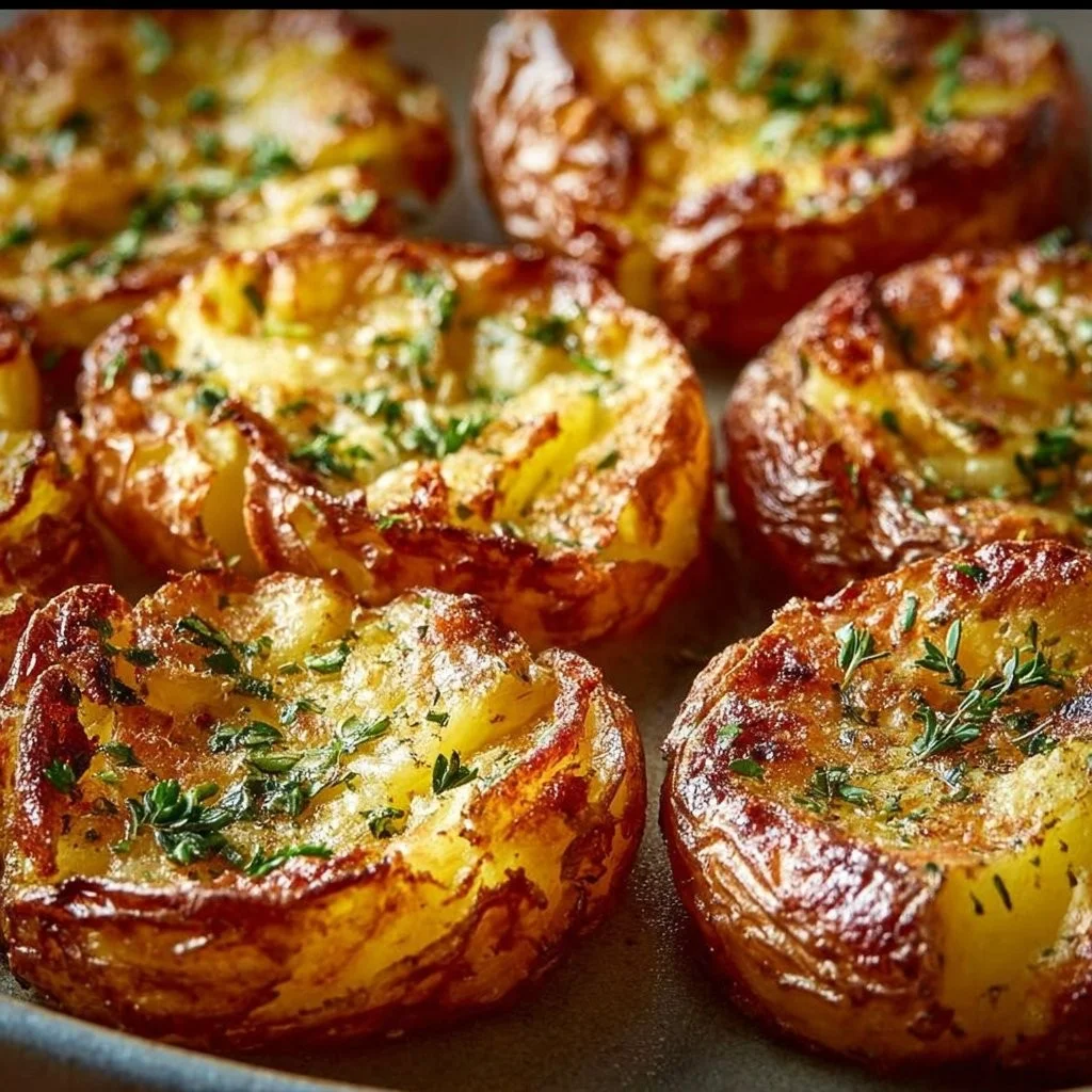 Crispy air fryer smashed potatoes garnished with herbs