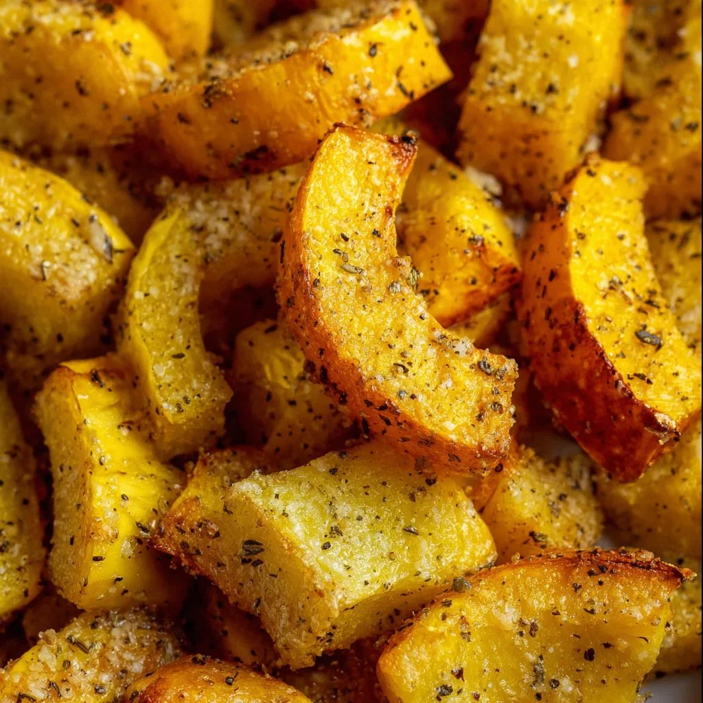 Golden-brown air fryer squash served on a plate, showcasing its crispy texture.