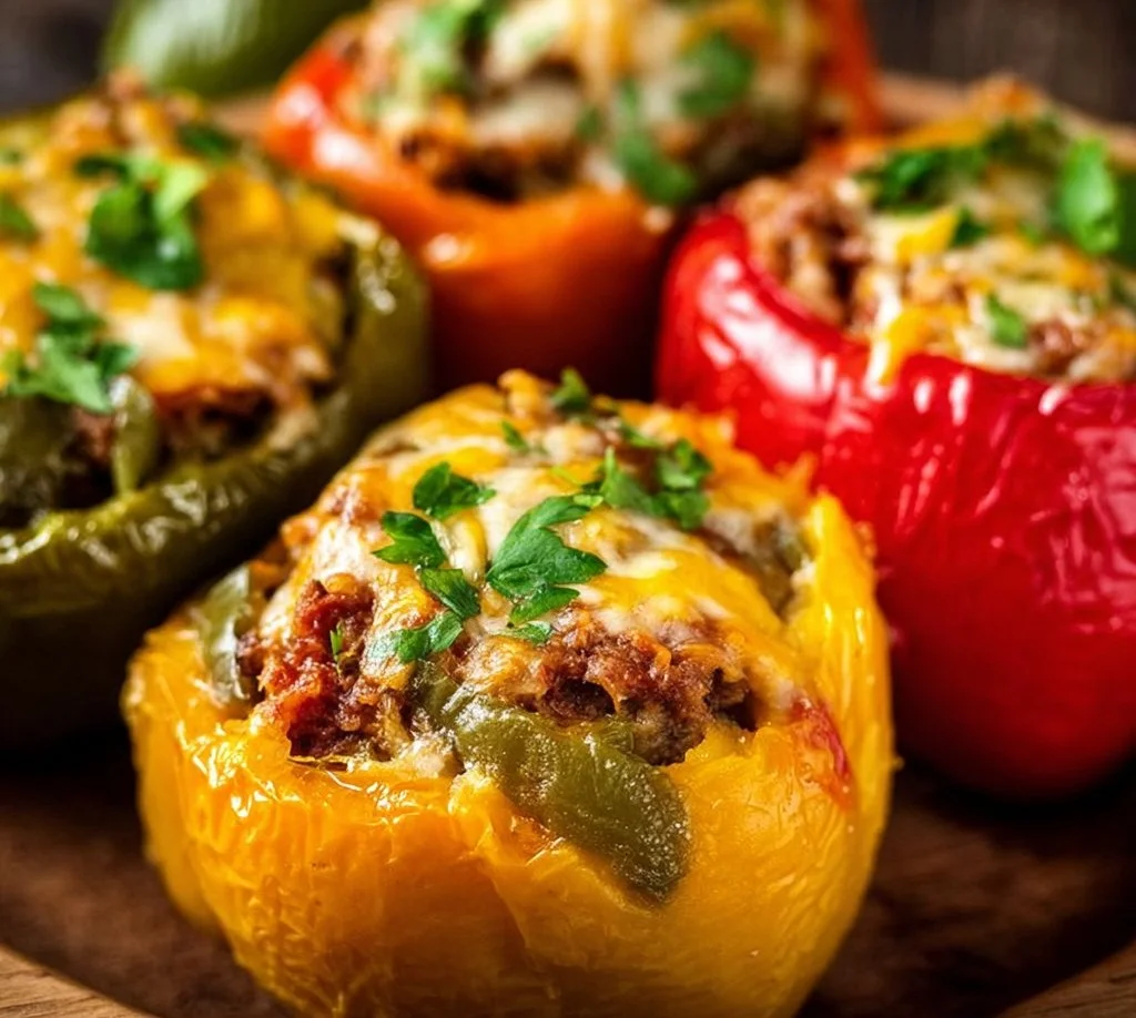 Air fryer stuffed peppers filled with savory ingredients and fresh herbs