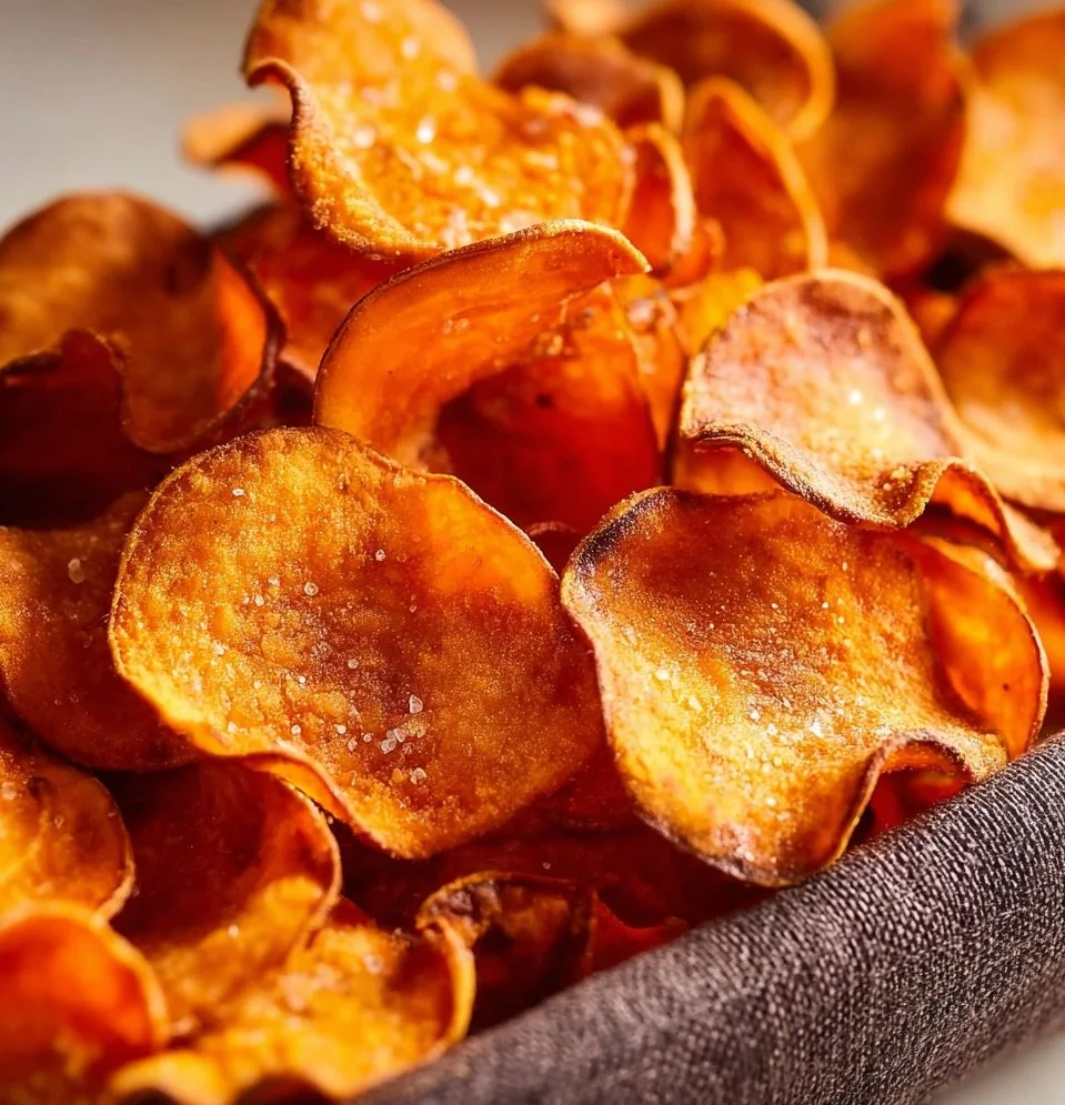 Crispy air fryer sweet potato chips on a plate garnished with herbs.