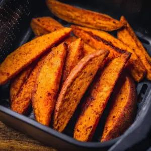 A plate of crispy air fryer sweet potato wedges served with dipping sauce.