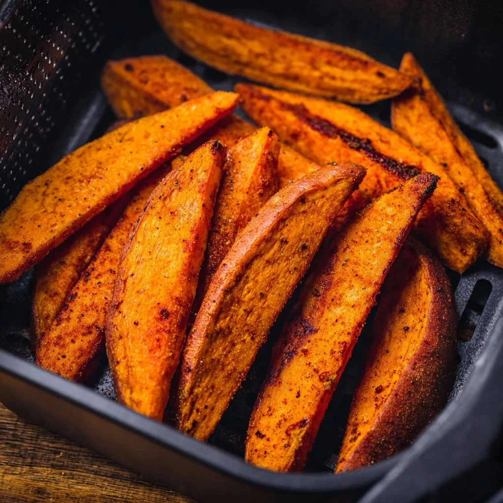 A plate of crispy air fryer sweet potato wedges served with dipping sauce.