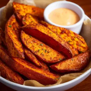 Crispy air fryer sweet potato wedges served in a bowl.