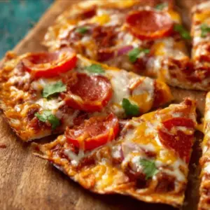 Homemade Air Fryer Tortilla Pizza topped with cheese and vegetables