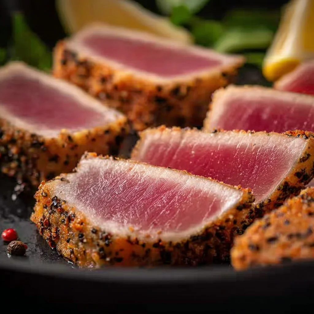 Deliciously cooked air fryer tuna steak served on a plate with seasoning.