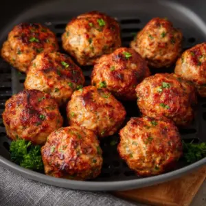 Air fryer turkey meatballs cooking in an air fryer basket for a healthy meal