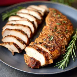 Air fryer turkey tenderloin with herbs and spices on a plate.