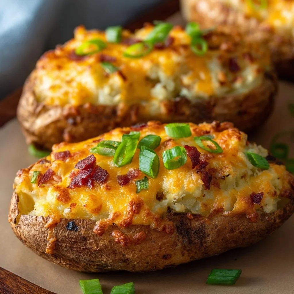 Air fryer twice baked potatoes topped with cheese and chives