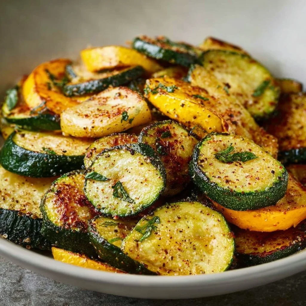 Crispy air fryer zucchini and squash served on a plate