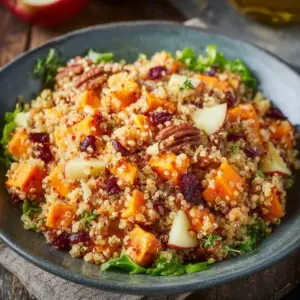 Apple Sweet Potato Quinoa Salad with fresh ingredients and dressing