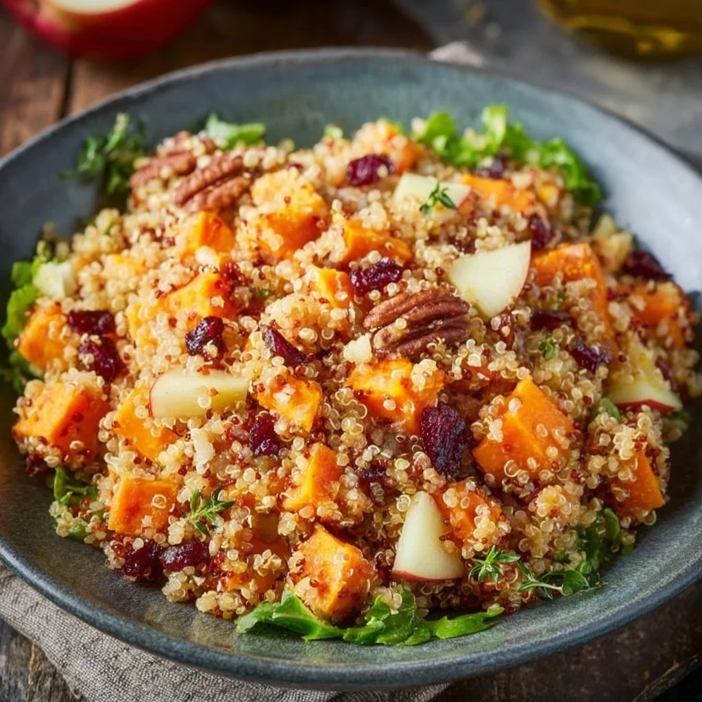 Apple Sweet Potato Quinoa Salad with fresh ingredients and dressing