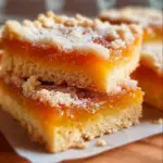 Delicious apricot shortbread bars topped with a sprinkle of powdered sugar.