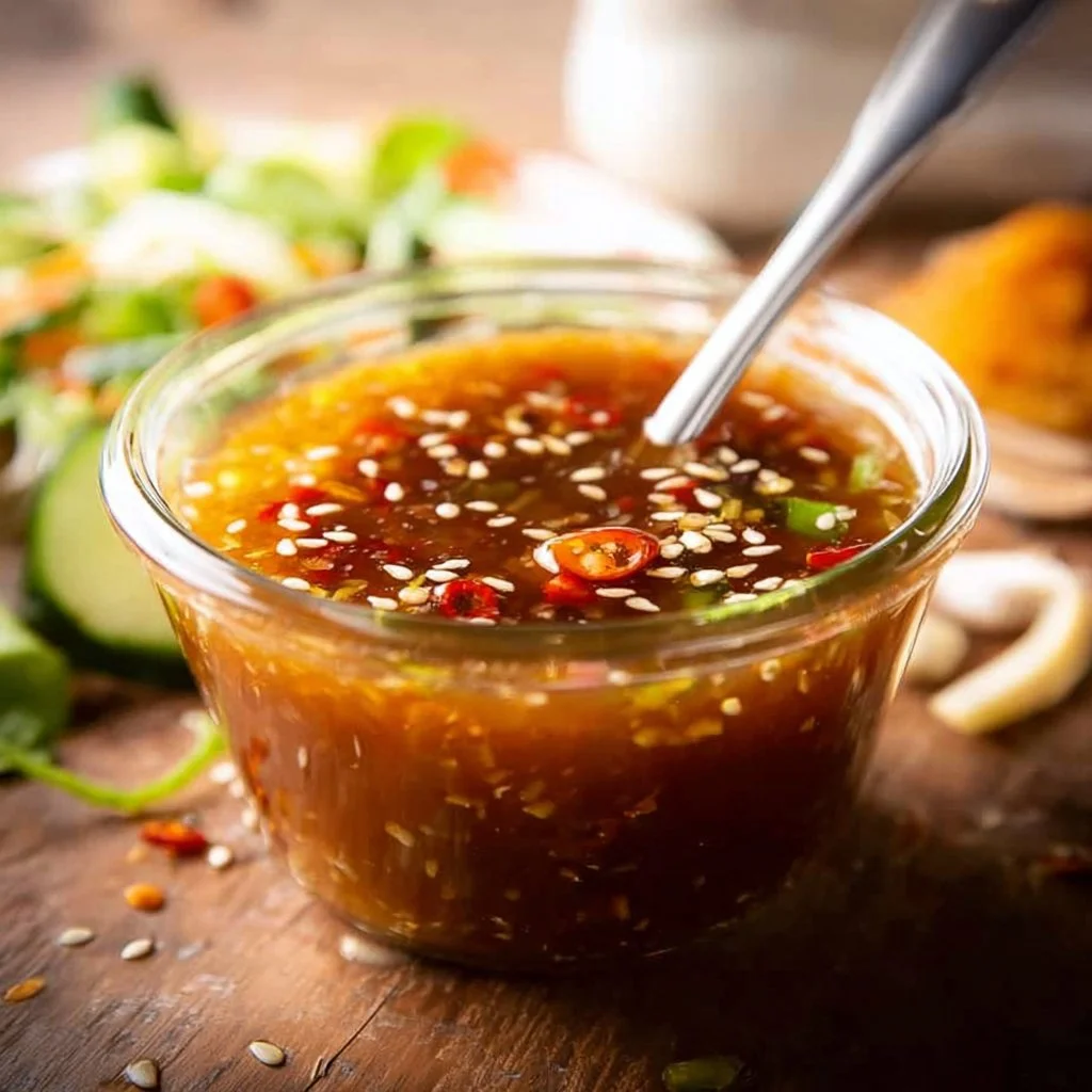 A vibrant bowl of Asian salad with dressing, showcasing fresh ingredients and colors.